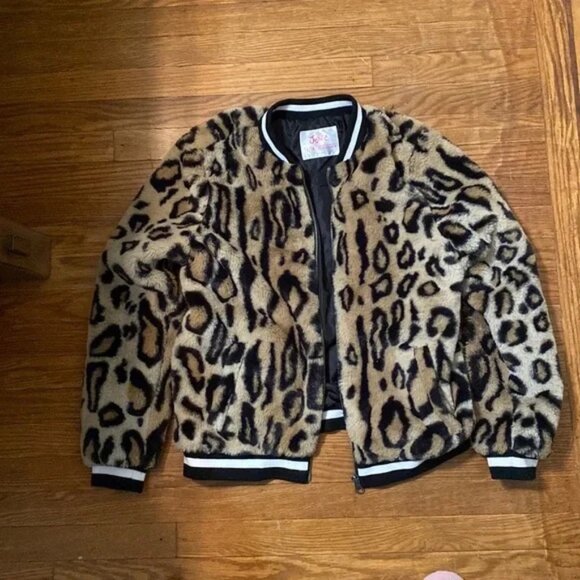 Justice Faux Fur Full Zip Animal Cheetah Print 14/16 Bomber Jacket - Picture 1 of 3
